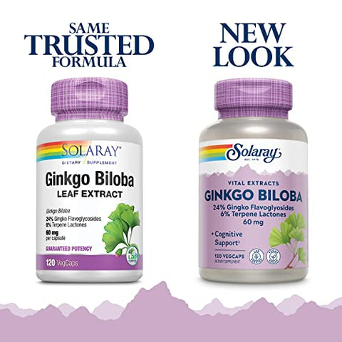 SOLARAY - Solaray Extrato de Folha de Ginkgo Biloba de Potência Garantida, Cápsula Vegetal (Frasc-Plást) 60mg | 120un