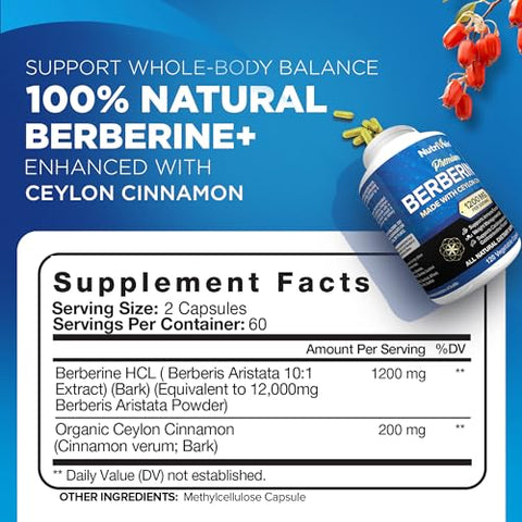 Premium Berberine HCL 1200mg + Canela Ceylon Orgânica – 120 Cápsulas – Suporte ao Sistema Imunológico e Gerenciamento de Peso – Suplemento Berberine HCI - Nutrivein