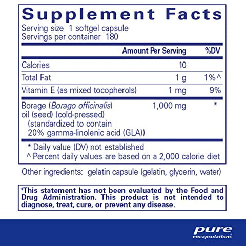 Pure Encapsulations - Óleo de Borragem Pure Encapsulations | Suplemento Dietético Hipoalergênico | 180 Cápsulas Softgel | Marca