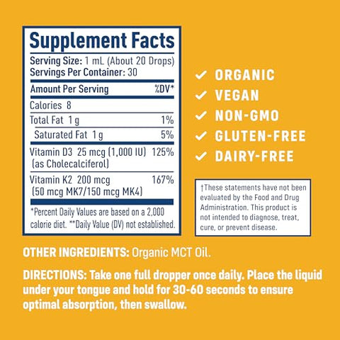 D3K2 Tincture – Vitamina D3 e Vitamina K2 com Óleo MCT Orgânico – 30ml – Bioabsorção Rápida – Multivitamínico para Fortalecimento Ósseo e Saúde Total - NativePath