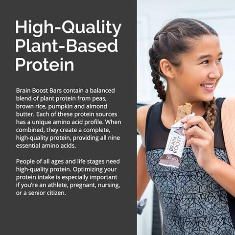 BRAINMD - BrainMD Brain Boost, Barra de Proteína Vegana de Chocolate Amargo e Amêndoas – 10 Barras de Proteína à Base de Plantas – Sem Glúten, Amigável ao Keto