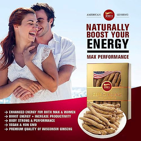 Zen Ginseng - 4 Caixas de Ginseng Americano do Wisconsin – Raiz Longa Pequena – Qualidade Premium de Ginseng Panax. Aumenta a Imunidade do Corpo, Energia para Homens