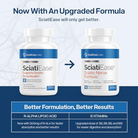 SciatiEase - Suplemento para Suporte à Saúde do Nervo Ciático – Fórmula de Suporte Nervoso com AlphaPalm, Pea, Complexo de Vitamina B, Ácido Alfa Lipóico 300mg – 120 Cápsulas