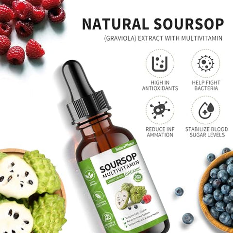 NaturePlanet - Soursop Multivitamin Liquid Drops – Extrato de Folha de Graviola Orgânico, Óleo de Graviola, Vitaminas, Fibras Alimentares, 60ml, 2 Fl Oz
