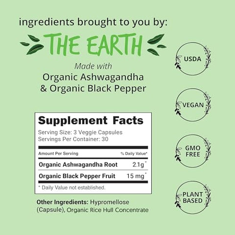 Happy Healthy Hippie - Cápsulas de Ashwagandha Orgânica 2100mg – Alívio do Estresse – Extra Forte – 100%% Herbal, Extrato de Raiz de Ashwagandha Orgânica Certificada pelo USDA com Pimenta Preta – Energia, Humor