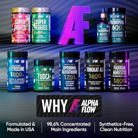 Alpha Flow - Tongat-Ali 1600MG – Suplemento de Longjack Tongat Ali para Homens – Extrato de Eurycoma Longifolia em Pó 100:1, Raiz de Maca, Óleo de Groselha Negra – 180 Cápsulas