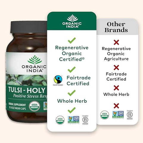 ORGANIC INDIA - Cápsulas de Tulsi Holy Basil da Organic India – Extrato de Holy Basil – Suplemento de Folha de Holy Basil, Suporte Imunológico, Alívio do Estresse, Vegano, Sem Glúten, Kosher, Orgânico