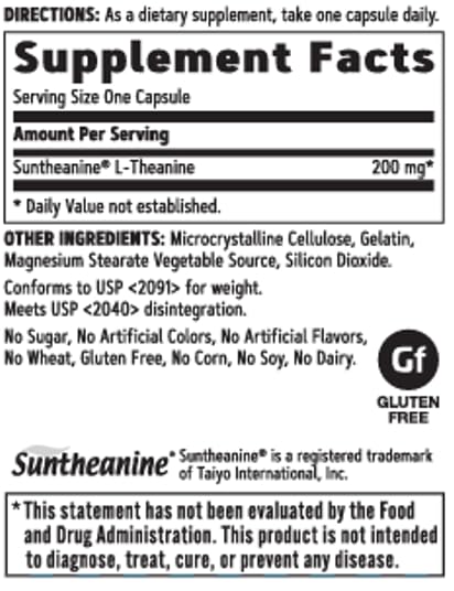 L-Theanine 200mg – 60 Cápsulas (60 Porções) – Aumente a Calma e o Foco - GNC