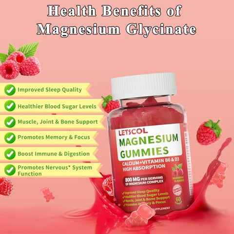 LETSCOL - Magnesium Glycinate Gummies 800mg por Porção, Suplemento de Magnésio Sem Açúcar com Magnésio Malato, Cálcio, Vitamina D3, B6, CoQ10 para Suporte Calmante