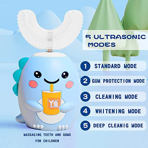 DYCROL - Escova de Dentes Elétrica Infantil em Formato U com 4 Cabeças de Escova, Escova de Dentes Infantil Sonic com 5 Modos, Design à Prova d’Água em Forma de Dinossauro dos Desenhos Animados para Limpeza de 360 Graus IPX7 (2-6 Anos, Azul)