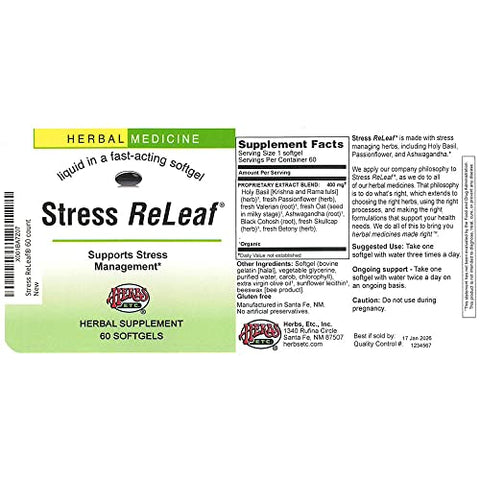 Stress ReLeaf® Softgels 60 Unidades – Alívio do Estresse – Fórmula Natural - Herbs Etc.