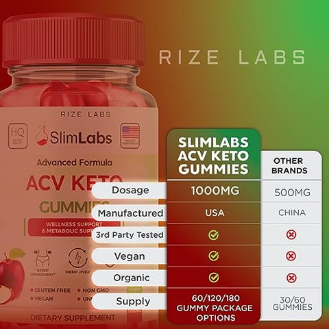 rize labs - Slim Labs Gummies ACV – Perda de Peso, Dieta Keto, Queima de Gordura – 5 Pacotes (300 Gummies)