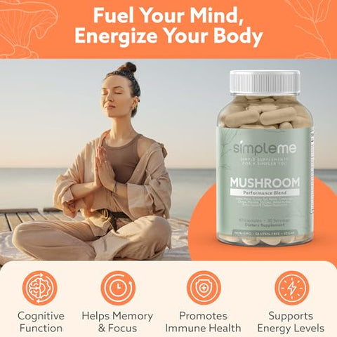 SIMPLEME - Suplemento de Cogumelos Multi-Mushroom – Complexo para Cérebro, Suporte Imunológico, Nootrópicos – Mistura de Desempenho com Lion’s Mane, Turkey Tail, Reishi, Cordyceps, Chaga, Maitake, Shiitake e Mais