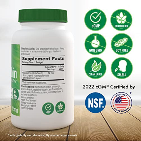 Health Thru Nutrition - Astaxantina Triplo Forte 12mg 120 Softgels | AstaZine de Algas Cultivadas Organicamente em Água Pura do Himalaia | Suporte para Pele e Visão | Não-OGM | Saúde Através da Nutrição