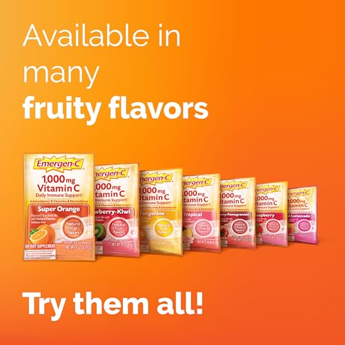 1000mg Vitamina C em Pó para Suporte Diário ao Sistema Imunológico – Suplemento de Vitamina C sem Cafeína com Zinco e Manganês, Vitaminas B e Eletrólitos, Sabor Laranja Super – 60g - Emergen-C