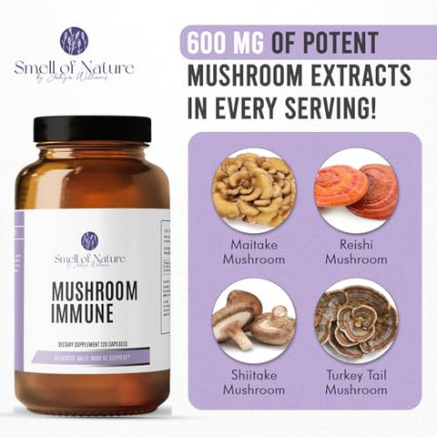 Smell of Nature - Mushroom Immune – Suporte Avançado ao Sistema Imunológico com Maitake, Reishi, Shiitake, Turkey Tail, Vitamina C | Marca: Mushroom Immune
