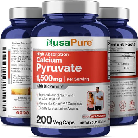 Calcium Pyruvate 1500mg 200 Cápsulas Vegetarianas (Sem OGM, Vegano) – 750mg por cápsula - NusaPure