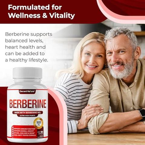 DECENT NATURE - Berberine 1800mg – Premium Berberine HCl 97%% Alta Pureza Berberine Plus, Suporte ao Sistema Imunológico, Alta Potência Berberine Hydrochloride, Não-OGM Vegano, para Homens Mulheres 90