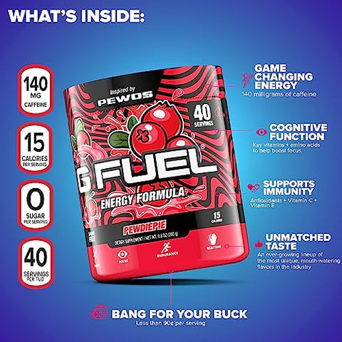 PewDiePie – Pó Energético, Sem Açúcar, Foco com Cafeína Limpa, Mistura para Água, Sabor de Lingonberry, Aminoácidos de Foco, Vitaminas e Antioxidantes – 280g (40 Porções) - G Fuel