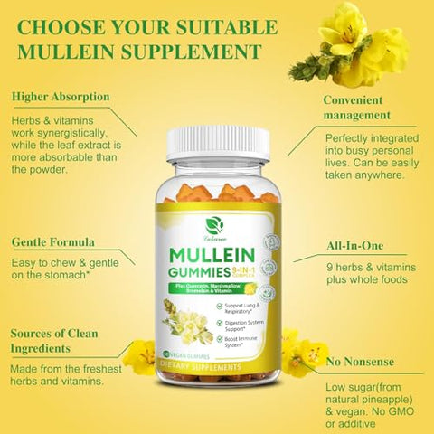 Lukaree - (2 Pacotes) Gomas de Mullein 9 em 1 para Limpeza Pulmonar, Extra Forte 10000 MG (10:1 Extrato) Extrato de Folha de Mullein com Quercetina, Bromelina, Sabugueiro