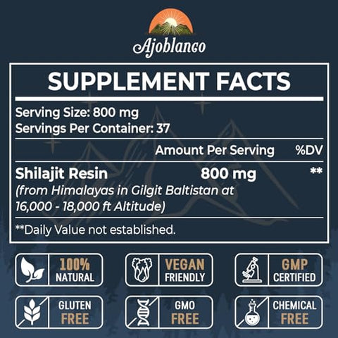 800 Mg Resina de Shilajit do Himalaia, Puro Orgânico do Himalaia, Suplemento de Shilajit com Pureza, Alta Dosagem – 800 Mg Resina de Shilajit, Pureza, Alta Dosagem - Ajoblanco