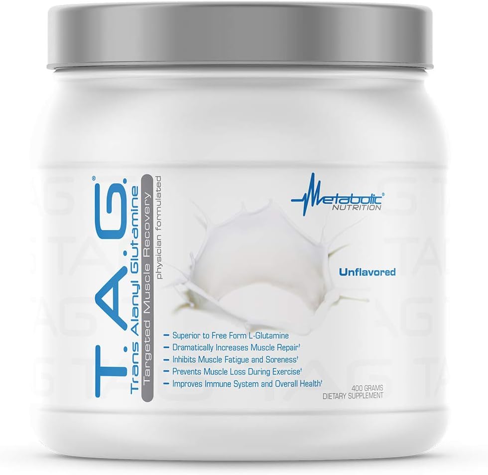 TAG – Trans Alanyl Glutamina em Pó 100% Peptídeo de L-Glutamina, Suplemento Pré, Intra e Pós-Treino, 400g (40 Porções) (Sem Sabor) - Metabolic Nutrition