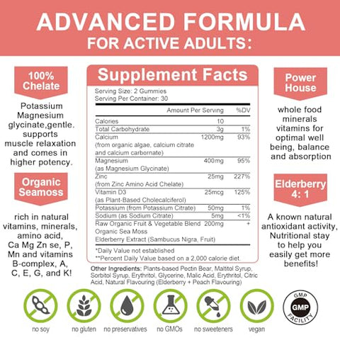 Mulittea - Gomas de Cálcio 1200mg com D3, K2, Zinco – Complexo de Plantas de Cálcio e Magnésio com Glicinato, Potássio e Vitamina C