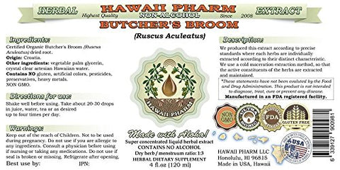 Extrato Líquido de Butcher’s Broom sem Álcool, Orgânico Ruscus Aculeatus, Raiz Seca Glicerina Hawaii Pharm Herbal Natural 2×2 oz (60ml)