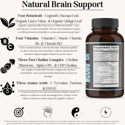 Inner Bounty - Focus Suplemento Cérebro 14 em 1 com Lion’s Mane, Alpha GPC Colina, Vitamina C – 60 cápsulas