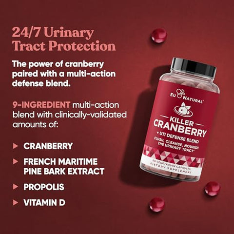 Eu Natural - Pílulas de Cranberry 9 em 1 para Mulheres – Defesa contra ITU com Ingredientes Clinicamente Estudados – Suplemento de 9 Extratos para o Trato Urinário – Casca de Pinheiro, Própolis, Vitamina D
