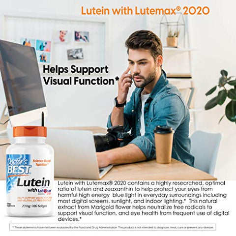 Doctor's BEST - Doctor’s Best Lutein com Lutemax, Livre de Transgênicos, Sem Glúten, Sem Soja, Saúde Ocular, 20 mg, 180 Softgels
