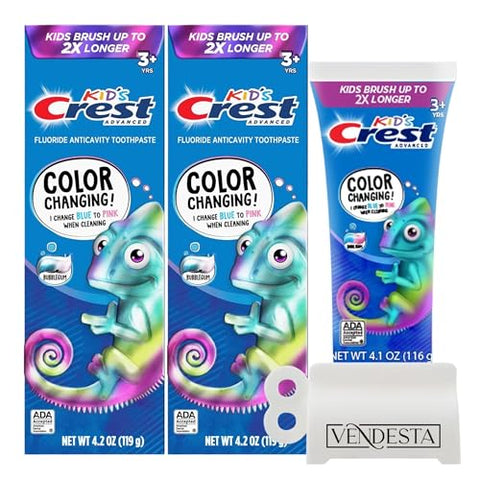 Pasta de Dente Infantil Crest Kids Color Changing: Kit com 2 Unidades Sabor Chiclete 4,2 oz (125 ml) + Espremedor de Pasta de Dente VenDesta – Divertido