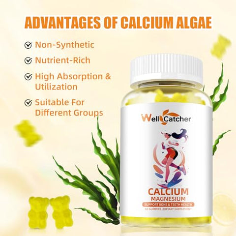 Wellcatcher - Gomas de Cálcio Magnésio com Vitamina D3 K2 Sem Açúcar 600mg Suplemento de Cálcio Magnésio de Algas para Fortalecimento Ósseo e Suporte Imunológico para Crianças Mulheres Homens Veganos Mastigáveis de Limão
