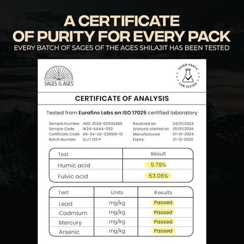 Sages Of The Ages - Shilajit Puro Himalaia Resina 85 Minerais Traços, Testado em Laboratório para Homens 78% Ácido Fúlvico, Grau Ouro Shilajit Puro Himalaia Orgânico (30g)