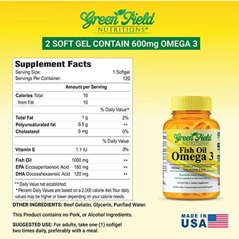 GREEN FIELD NUTRITIONS - Greenfield Nutritions Óleo de Peixe Halal 1000mg, Ômega 3 Halal 300mg, Óleo de Peixe Peruano Selvagem Pequeno Halal Vitaminas, EPA 180mg