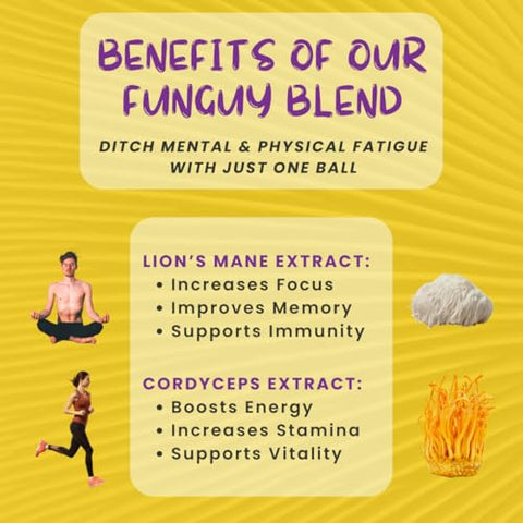 ODD BALLS A FUNGUY BLEND - ODD BALLS Bolas Energéticas Orgânicas de Limão – Superfood Snack de Cogumelos – Corrida, Ciclismo, Caminhada – Alternativa a Géis e Barras – Foco em Lion’s Mane, Energia de Cordyceps – Vegano, Sem Glúten
