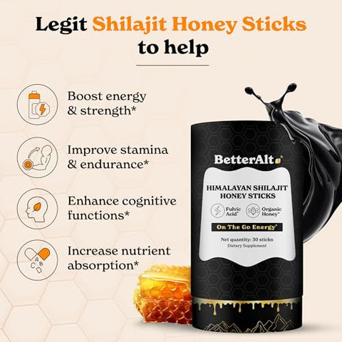 Better Alt - Melhor Alt Puro Himalaia Shilajit Sticks com Mel Orgânico e Açafrão | Fácil Consumo Shilajit | 30 Sticks para Energia Extra