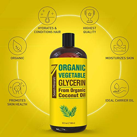 Glicerina Vegetal Orgânica – Frasco Grande de 946 ml – Sem Óleo de Palma, Feito com Óleo de Coco Orgânico – Glicerina de Grau Terapêutico para DIYs – Cabelo, Unhas - Seven Minerals
