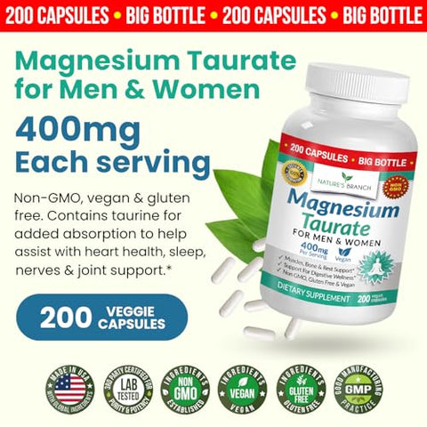 Nature's Branch - Magnésio Taurato 400mg – 200 Cápsulas – Alta Absorção para Sono, Saúde Cardíaca, Calma, Suplemento para Articulações para Mulheres e Homens – Fabricado nos EUA, Pó de Mag Elemental Puro Mais Taurina