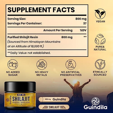 Guindila - Shilajit Puro do Himalaia – Suplemento 800mg com Máxima Potência e 85 Minerais Traços – Orgânico e Original do Himalaia