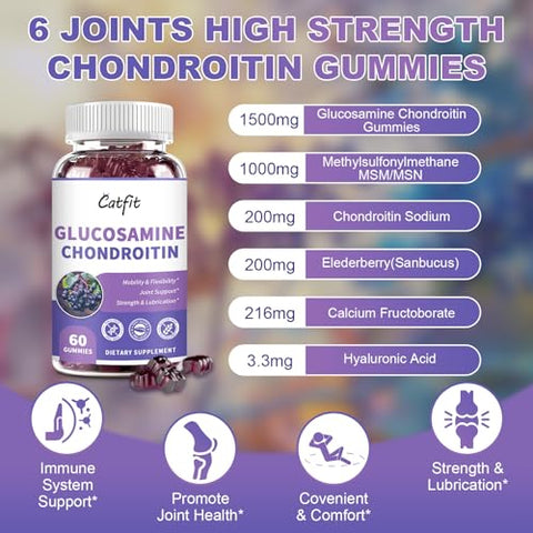 Catfit - Gummies de Glucosamina e Condroitina, Suplemento Extra Forte para Suporte à Saúde das Articulações com MSM