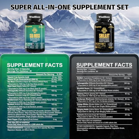 Shilajit e Sea Moss Bundle – Sea Moss (7000mg), Ashwagandha (2000mg), Óleo de Semente Preta (4000mg), Gengibre | Boysea - Boysea