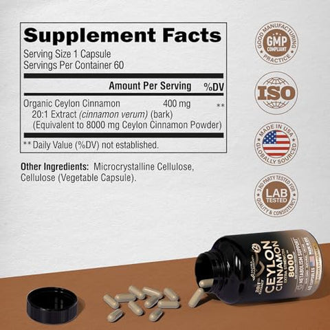NUTRAHARMONY - Cápsulas de Canela do Ceilão – 8000 mg, Extra Forte – Fabricado nos EUA – Energia, Coração