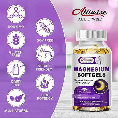 Alliwise - Magnésio Glicinato de Alta Absorção 400mg Cápsulas Softgels, 400 mg de Magnésio Elemental com 100mg de Cálcio – Altamente Bio disponível – com Vitamina D3