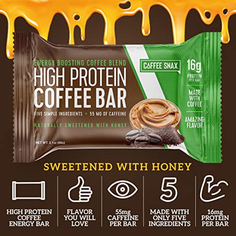 Coffee Snax - Barra de Energia de Café Proteico, Feita com Cinco Ingredientes Simples, Natural, Livre de Glúten, Não Transgênico