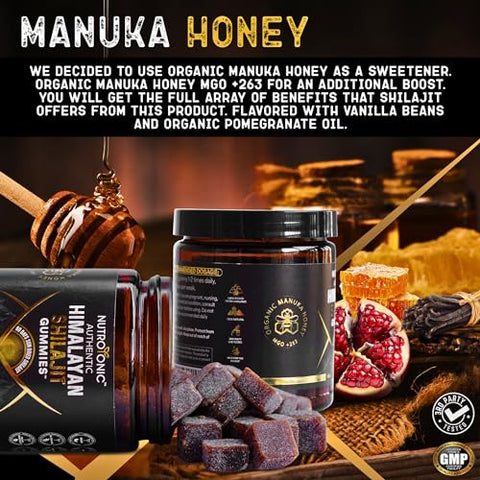 NutroTonic LLC - Gummies Orgânicos de SHILAJIT da NutroTonic | Sabor Óleo de Romã Orgânico | Sem Açúcar de Cana, Adoçado com Mel de Manuka Orgânico | Fórmula Limpa | Coração