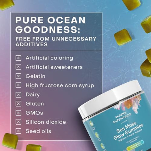 Akasha Superfoods - Sea Moss Glow Gummies – Vitaminas para Cabelo, Pele e Unhas com Seamoss, Pó de Pérola, Vitamina E, Aloe Vera, Vitamina C Lipossomal – Gomas de Sea Moss Irlandês para Mulheres