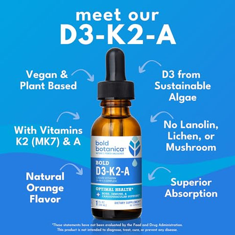 Bold Botanica - D3-K2-A: Complexo de Vitaminas Líquidas Veganas, Vitamina D3 de Algas Orgânicas com Vitamina K2 (MK7) e Vitamina A para Suporte Imunológico, Sabor Natural de Laranja, Delicioso, 30 ml