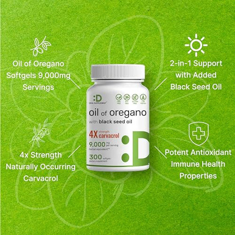 DEAL SUPPLEMENT - Óleo de Orégano em Cápsulas com Óleo de Semente Negra – 9.000mg por Porção, 300 Cápsulas – Extrato 30:1, Carvacrol Ativo