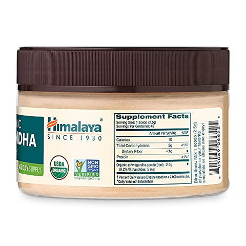Ashwagandha em Pó 100%% Orgânico Certificado USDA, Suporte para Relaxamento, Alívio do Estresse, Energia, Insônia Ocasional, Não-OGM, Vegano, Sem Sabor, 50g - Himalaya
